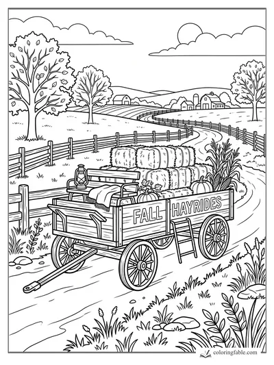 Vintage farm coloring page with a Fall Hayrides wagon, hay bales, pumpkins, corn, fences, trees, and barns.