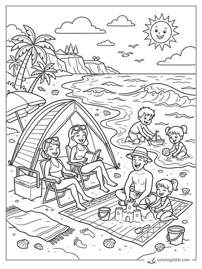 Cartoon family at the beach with sandcastle, toy sailboat, shells, palm trees, waves, cliffs, and smiling sun