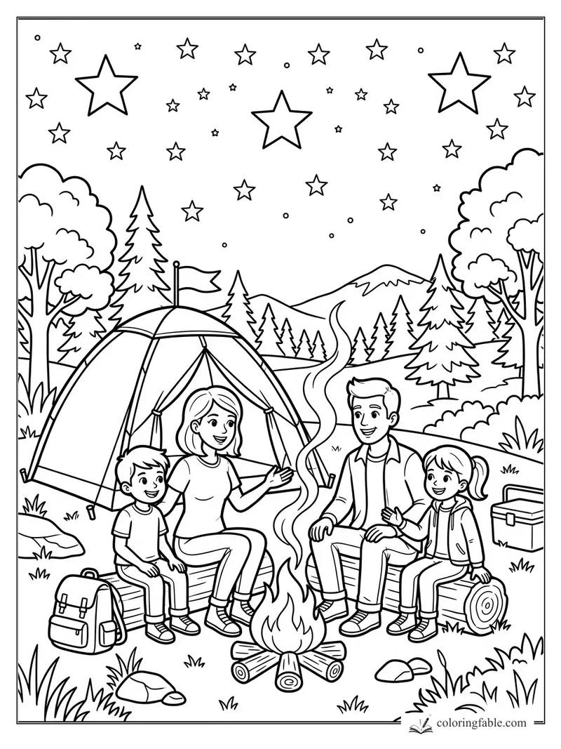 Family sitting by a campfire beside a tent, trees, mountains, and many stars to color.