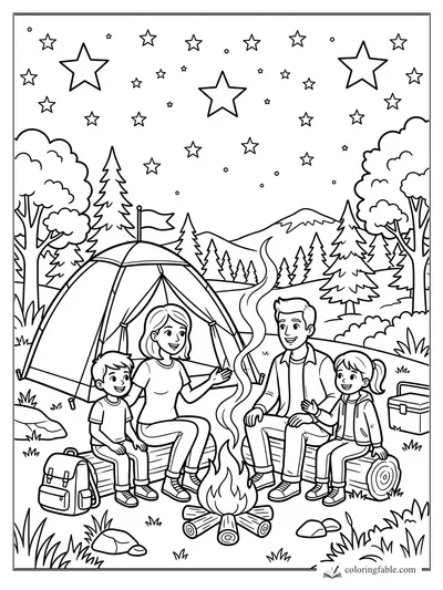 Family sitting by a campfire beside a tent, trees, mountains, and many stars to color.