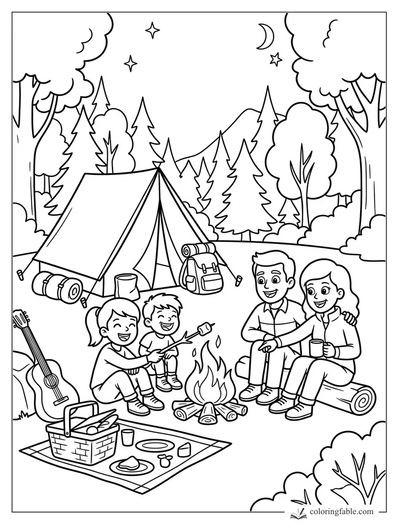 Cartoon family camping by a tent, roasting marshmallows under stars and a crescent moon