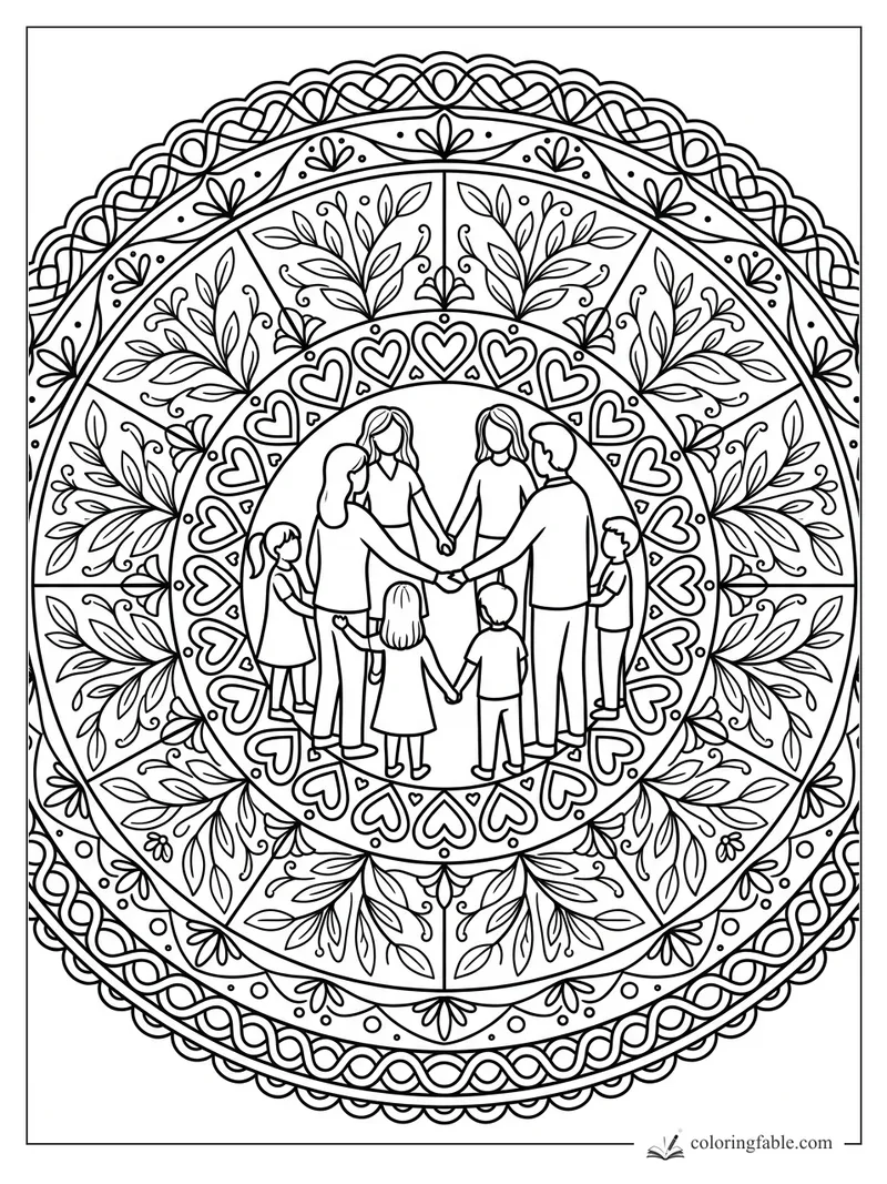 Intricate family mandala coloring page with people holding hands, heart border, leaves, and woven outer ring