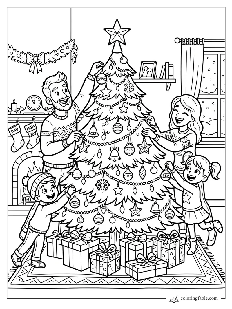 Cartoon family hanging ornaments on a Christmas tree with stockings, gifts, fireplace, and snowy window.