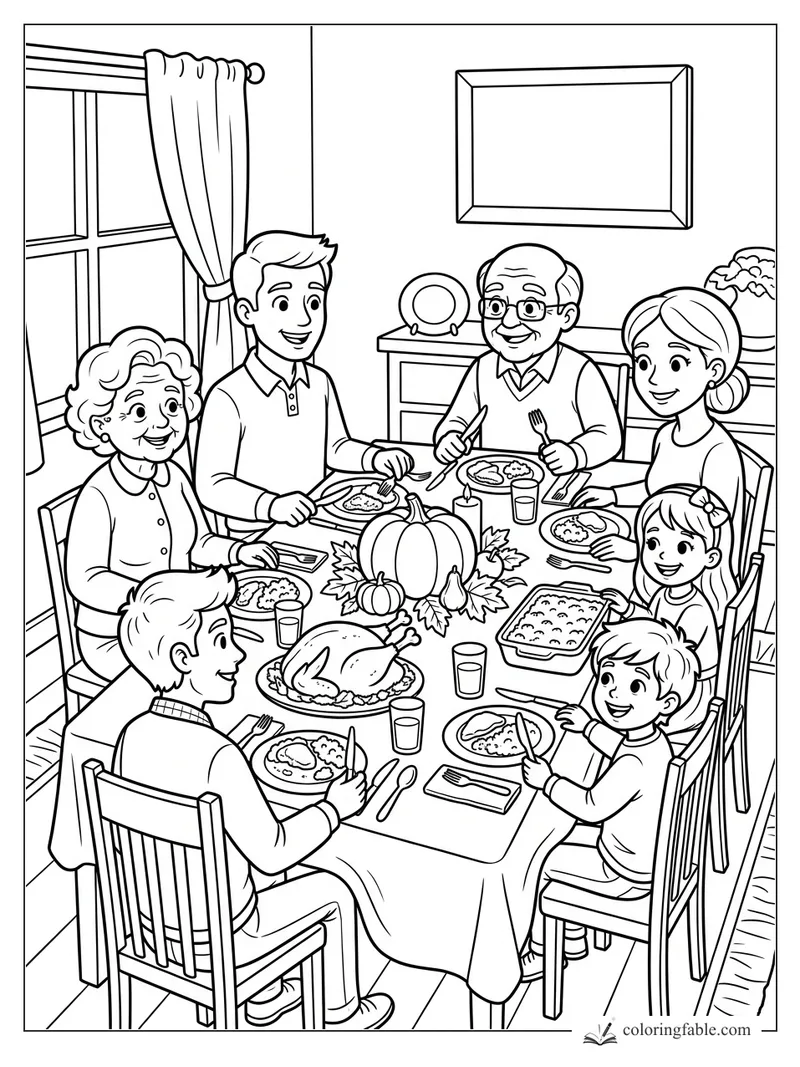 Family gathered at a dining table with turkey, pumpkin centerpiece, plates, candles, and smiling grandparents.