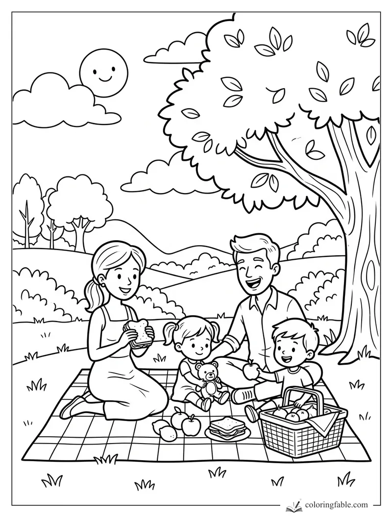Cartoon family picnic under a leafy tree with smiling sun, apples, sandwiches, basket, and teddy bear.