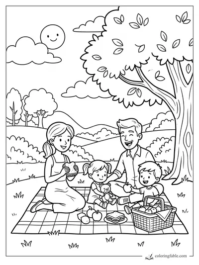 Cartoon family picnic under a leafy tree with smiling sun, apples, sandwiches, basket, and teddy bear.