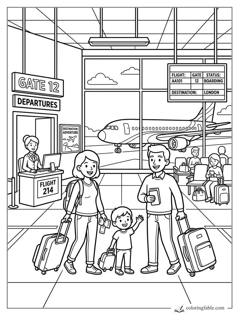 Family with rolling suitcases at airport Gate 12, with boarding sign and airplane outside the window