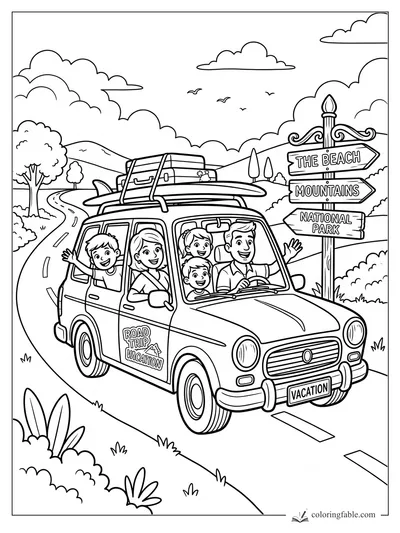 Cartoon family in a vacation car with surfboards, luggage, and signs for the beach, mountains, and national park.