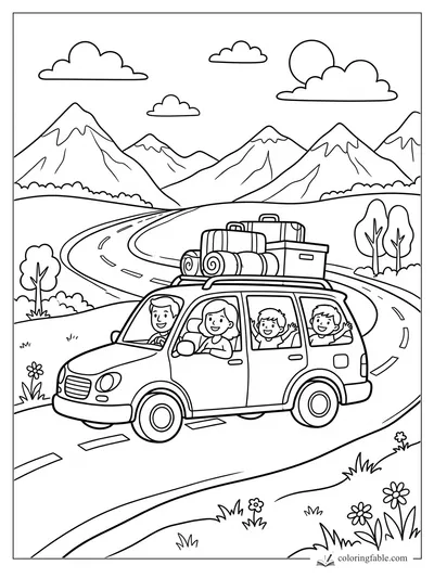 Cartoon family car with roof luggage driving on a winding mountain road