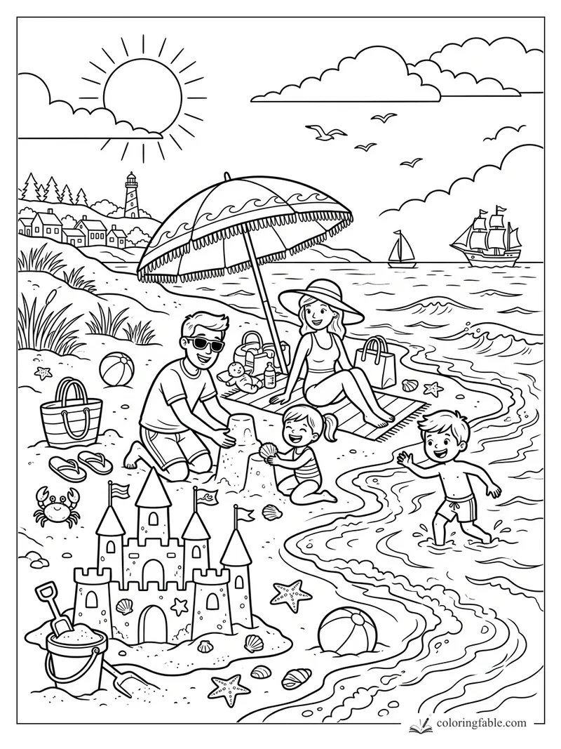 Cartoon family building sandcastles on a beach with umbrella, lighthouse, waves, boats, and sun