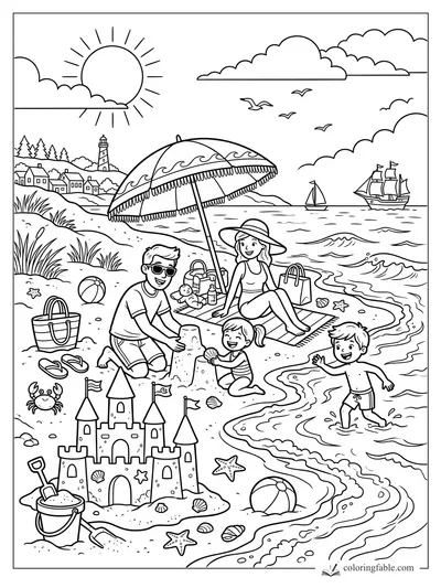 Cartoon family building sandcastles on a beach with umbrella, lighthouse, waves, boats, and sun