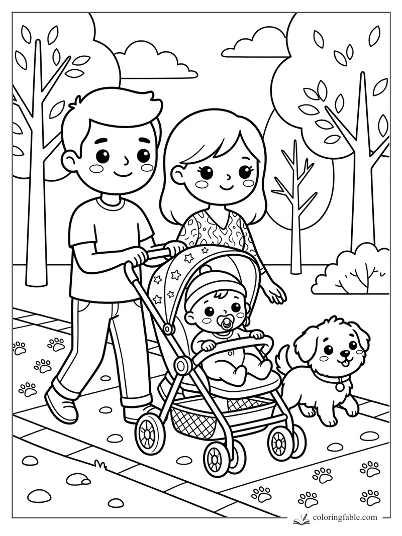 Kawaii family walking a baby in a starry stroller with a puppy and paw prints in the park