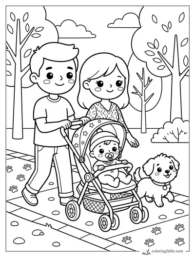 Kawaii family walking a baby in a starry stroller with a puppy and paw prints in the park