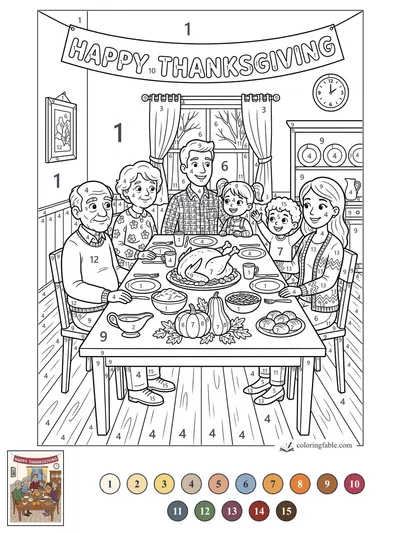 Family Thanksgiving Dinner Under a Happy Banner — color by number