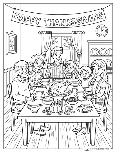 Cartoon family at Thanksgiving dinner with turkey, banner, pumpkins, window, clock, and sideboard.