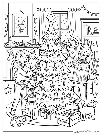 Family decorating a Christmas tree with ornaments, stockings, pets, fireplace, and snowy window