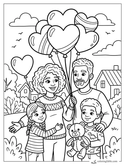 Smiling family holding heart balloons on a neighborhood walk with houses, clouds, birds, and a teddy bear.