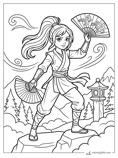 Cartoon ninja girl holding two folding fans on a rocky mountain ledge with wind swirls, pines, and a stone lantern