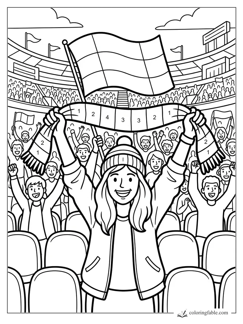 Smiling soccer fan lifts a numbered scarf as a huge flag waves over a cheering stadium crowd.