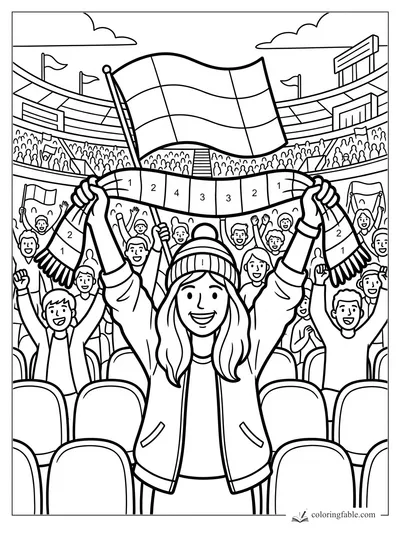 Smiling soccer fan lifts a numbered scarf as a huge flag waves over a cheering stadium crowd.