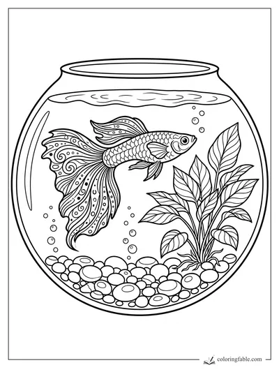 Ornate betta fish swimming in a round bowl with leafy plant, bubbles, and smooth pebbles