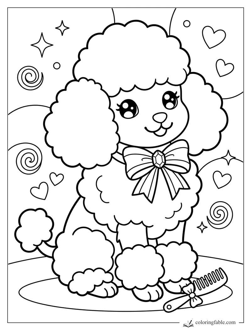 Kawaii poodle puppy with fluffy ears, big bow, hearts, stars, swirls, and a comb by her paws.