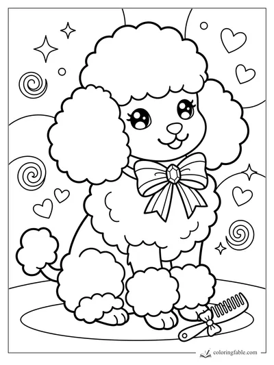 Kawaii poodle puppy with fluffy ears, big bow, hearts, stars, swirls, and a comb by her paws.