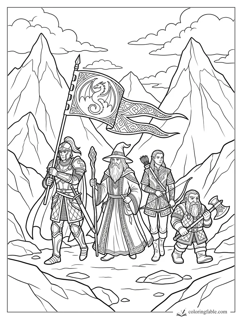 Realistic fantasy party with knight, wizard, elf archer, dwarf, dragon banner, and sharp mountain peaks.