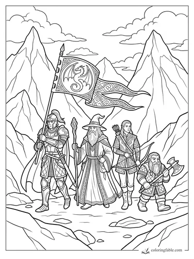 Realistic fantasy party with knight, wizard, elf archer, dwarf, dragon banner, and sharp mountain peaks.