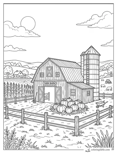 Fall farm barn coloring page with pumpkins, silo, cornfield, fences, tractor, hills, sun, and clouds.