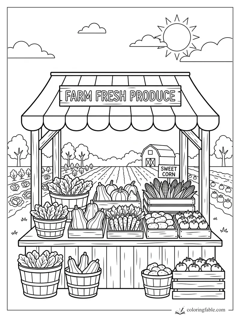 Farm fresh produce stand with sweet corn, tomatoes, carrots, leafy greens, pumpkins, barn, fields, sun, and clouds.