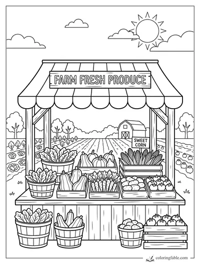 Farm fresh produce stand with sweet corn, tomatoes, carrots, leafy greens, pumpkins, barn, fields, sun, and clouds.
