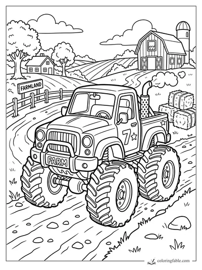 Cartoon farm monster truck with giant tires, barn, hay bales, fence, and farmland sign.