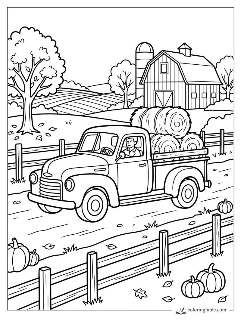 Vintage farm truck carrying hay bales past a barn, pumpkins, fences, trees, and striped fields.