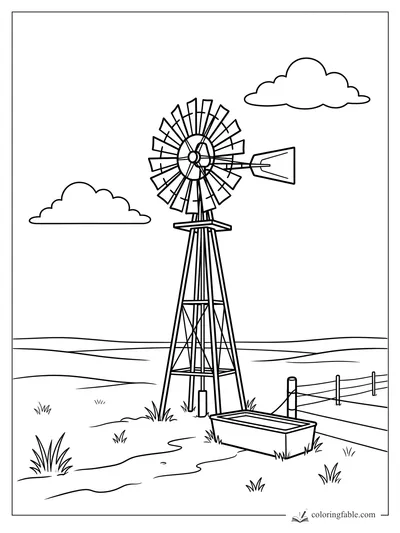 Minimalist farm windmill with a water trough, fence, rolling fields, grass tufts, and two clouds