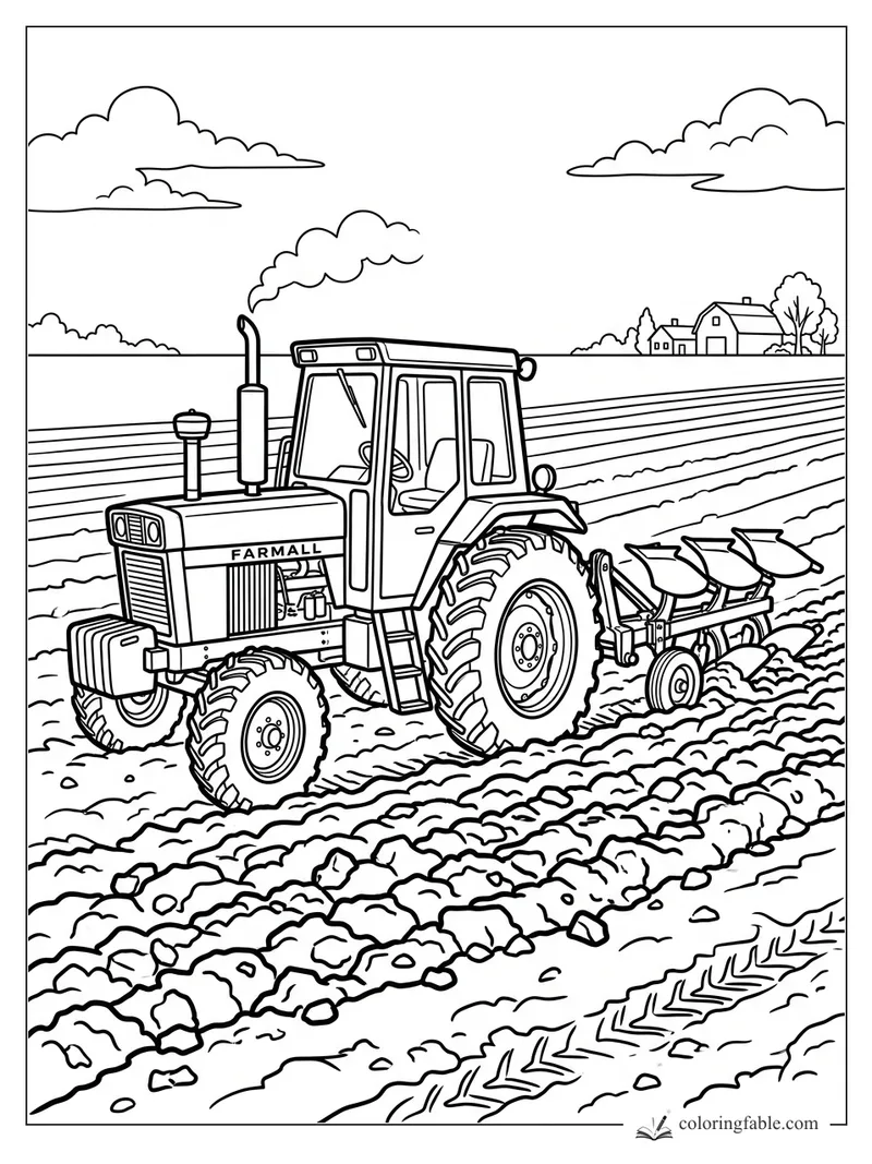 Farmall tractor with plow turning rocky field rows near barns under clouds