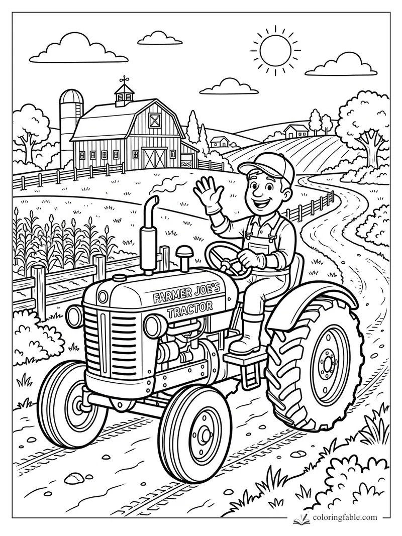Cartoon Farmer Joe waves while driving a tractor past a barn, silo, fences, fields, sun, and winding road.