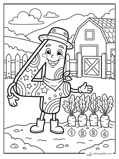 Cartoon number 4 farmer beside four carrots labeled 1 to 4, with barn, fence, hills, clouds, and sun.