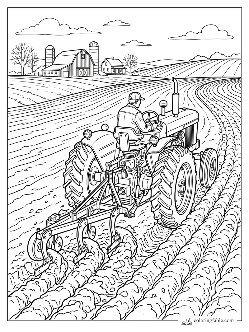 Realistic tractor plowing curved furrows near a barn, silos, farmhouse, bare trees, hills, and clouds.