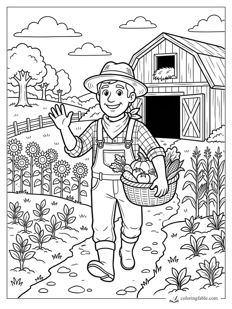 Cartoon farmer waving while carrying a basket of vegetables beside a barn, sunflowers, corn, and clouds.