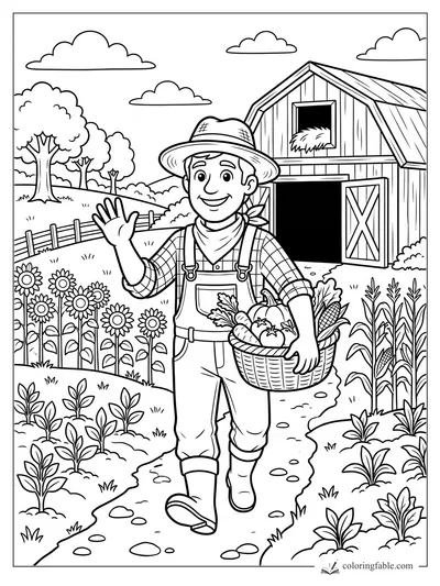 Cartoon farmer waving while carrying a basket of vegetables beside a barn, sunflowers, corn, and clouds.
