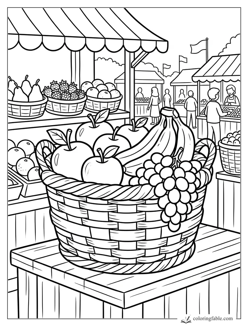 Coloring page of apples, bananas, and grapes in a woven basket at a busy farmers market.