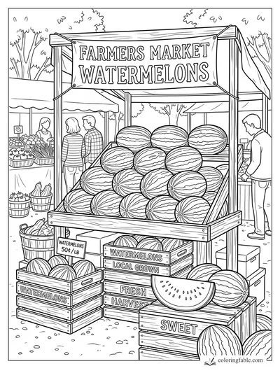 Realistic farmers market watermelon stand with crates, price sign, shoppers, and a large banner