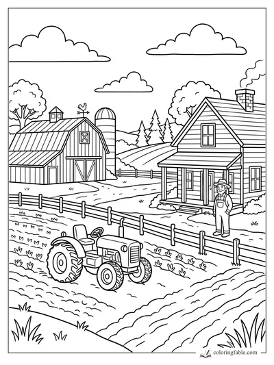 Easy farm house coloring page with barn, tractor, farmer, fence, silo, trees, clouds, and plowed fields.