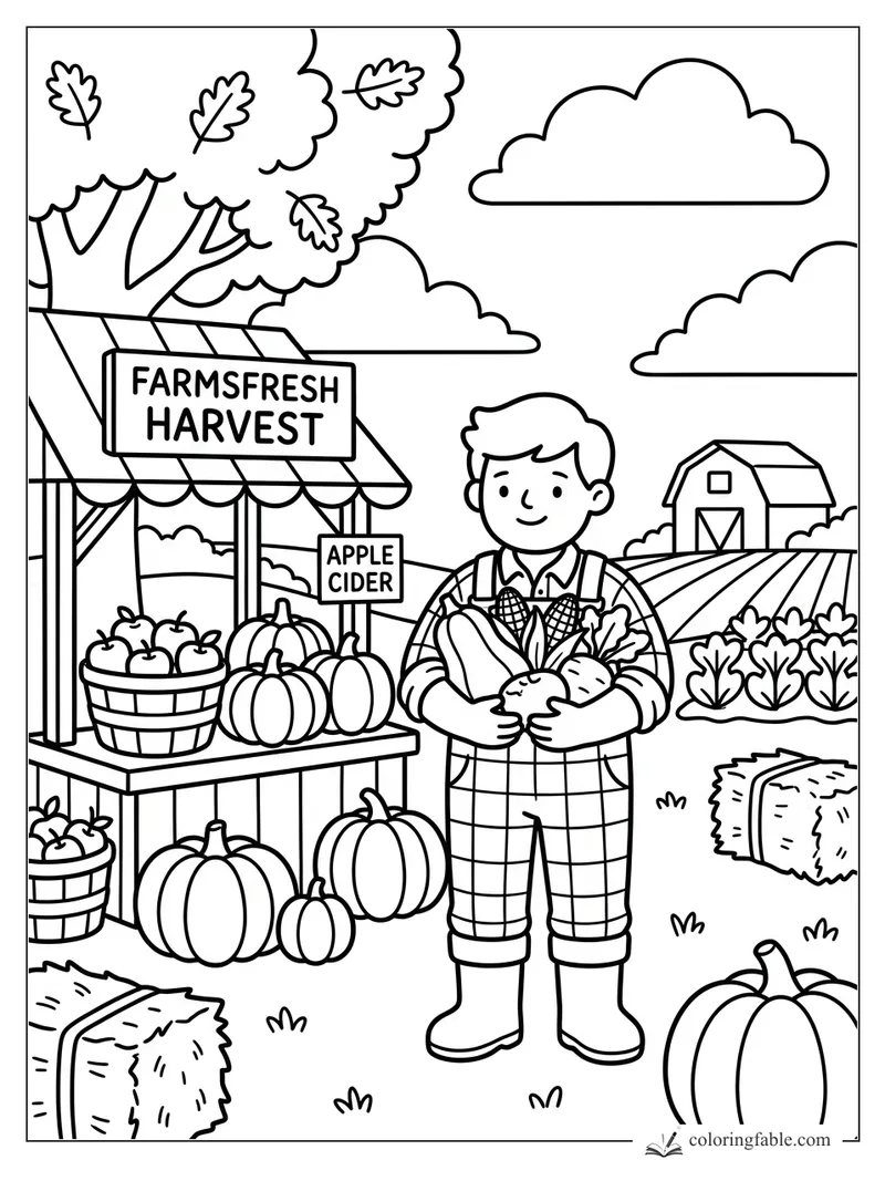 Boy holding vegetables beside a Farmsfresh Harvest stand with pumpkins, apples, apple cider sign, barn, and fields.