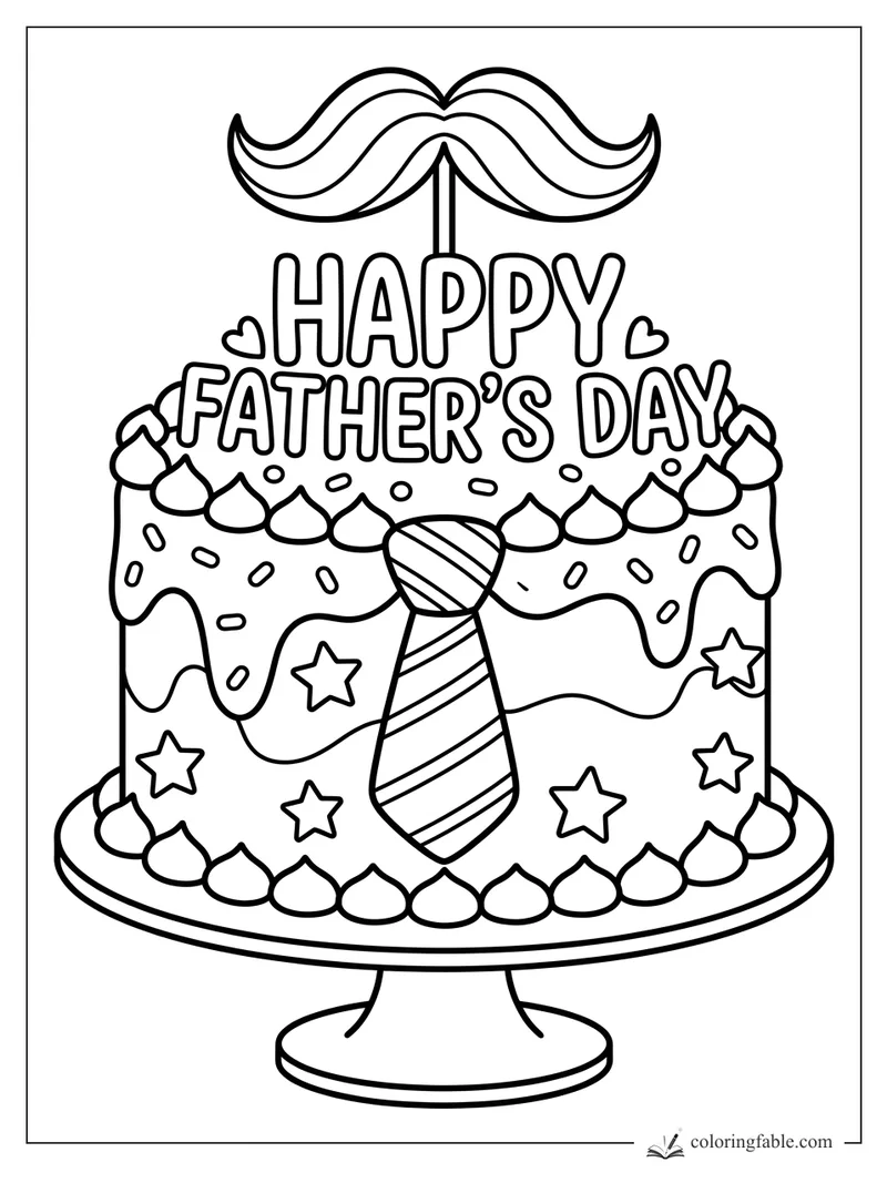 Father’s Day cake coloring page with mustache topper, striped tie, hearts, stars, and frosting swirls.