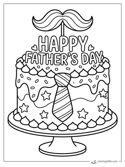 Father’s Day cake coloring page with mustache topper, striped tie, hearts, stars, and frosting swirls.