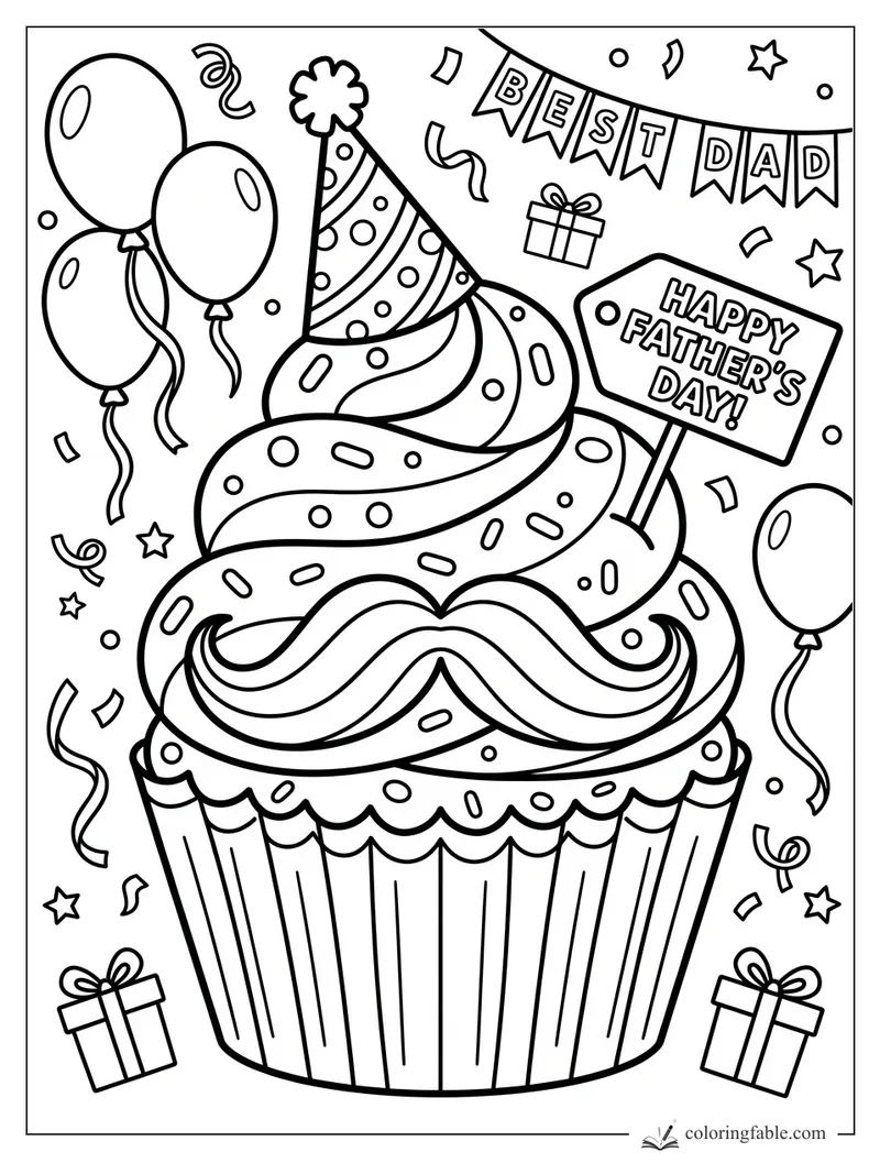 Cartoon Father’s Day cupcake with mustache frosting, balloons, gifts, banner, party hat, and sign