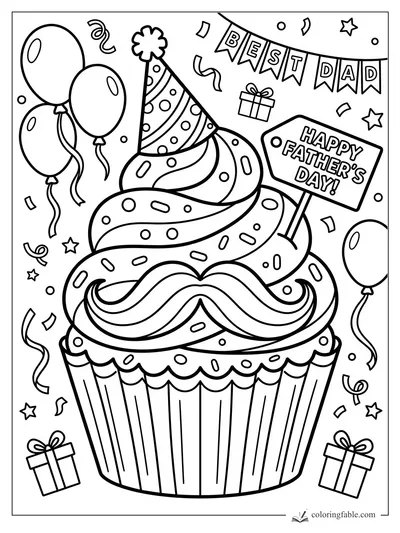 Cartoon Father’s Day cupcake with mustache frosting, balloons, gifts, banner, party hat, and sign