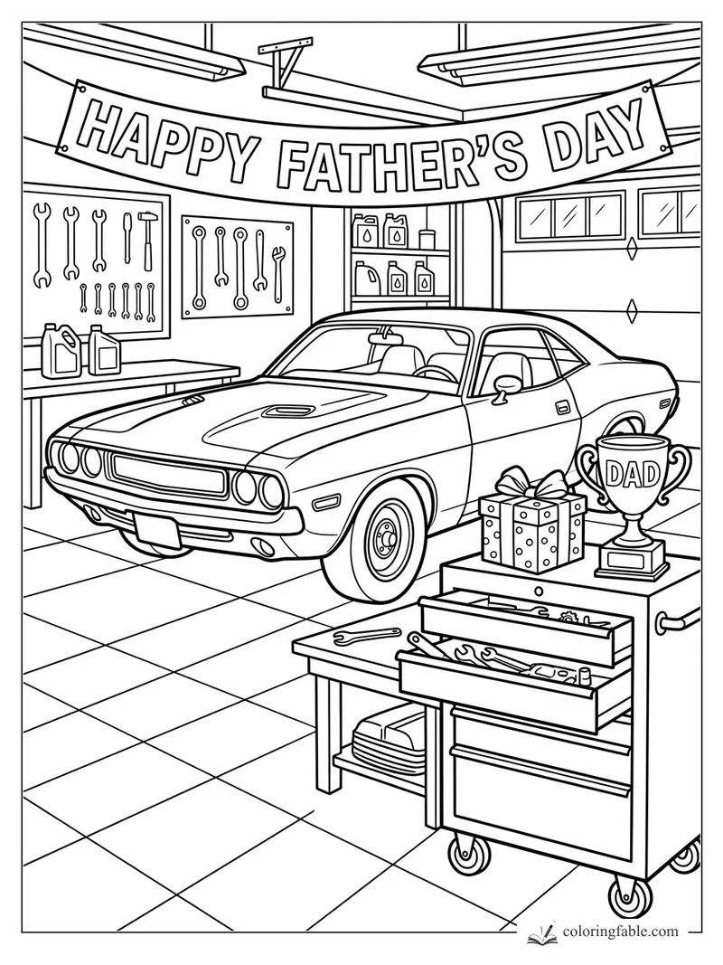 Vintage muscle car in a garage with Happy Father’s Day banner, tools, gift, and Dad trophy